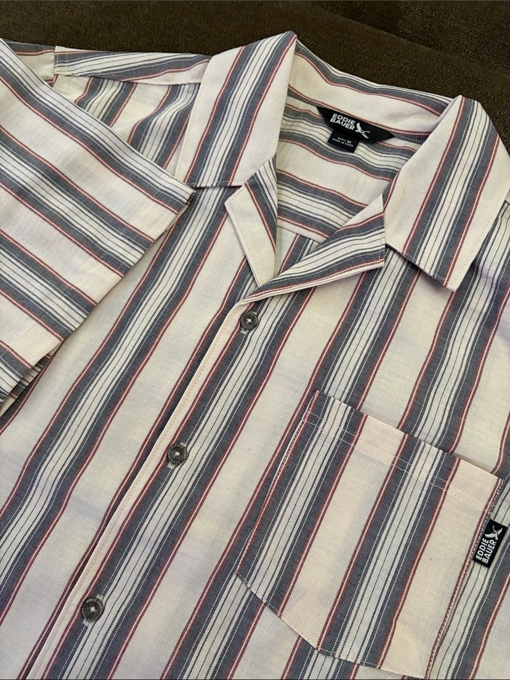 Eddie Bauer Caspian Camp Shirt, Short Sleeve Striped- Blue & Cream & Gray.